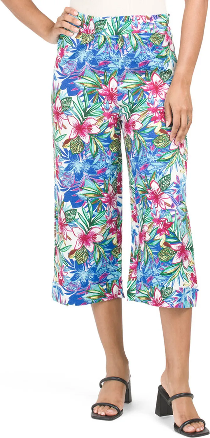 Linen Blend Printed Wide Leg Capri Pants