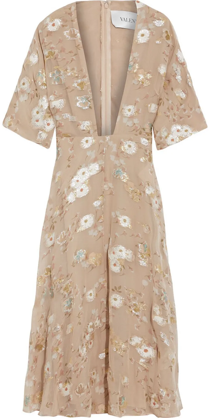 Floral-print metallic fil coupé georgette midi dress
