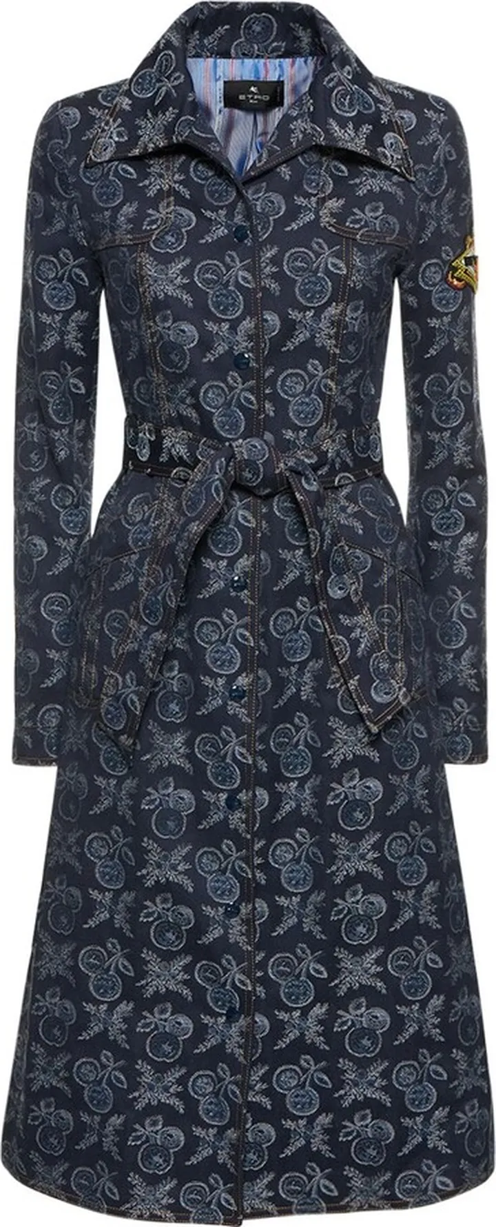 Embroidered denim belted long coat