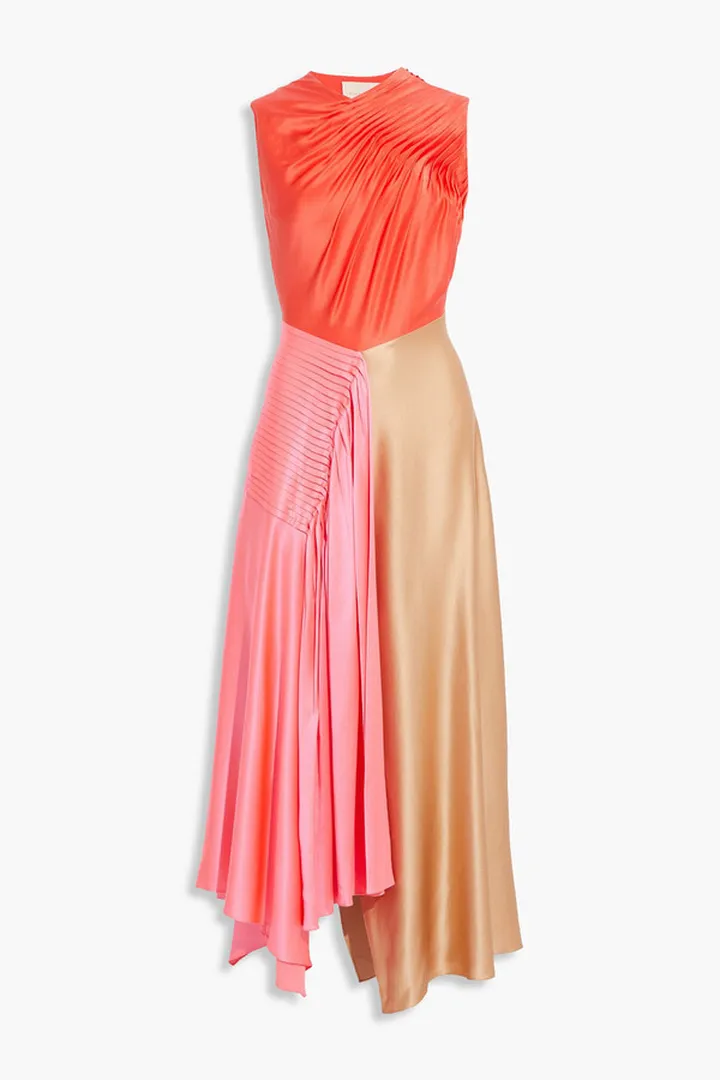 Iris pintucked color-block silk-satin maxi dress