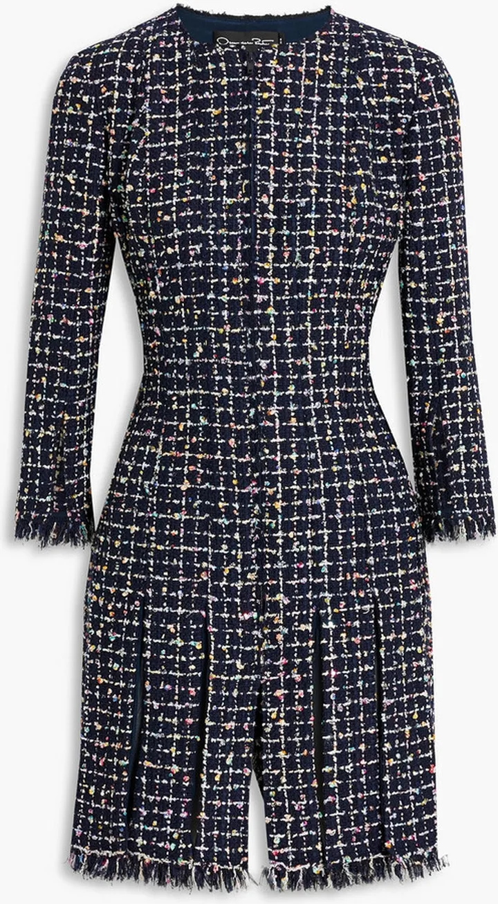 Frayed pleated metallic bouclé-tweed mini dress