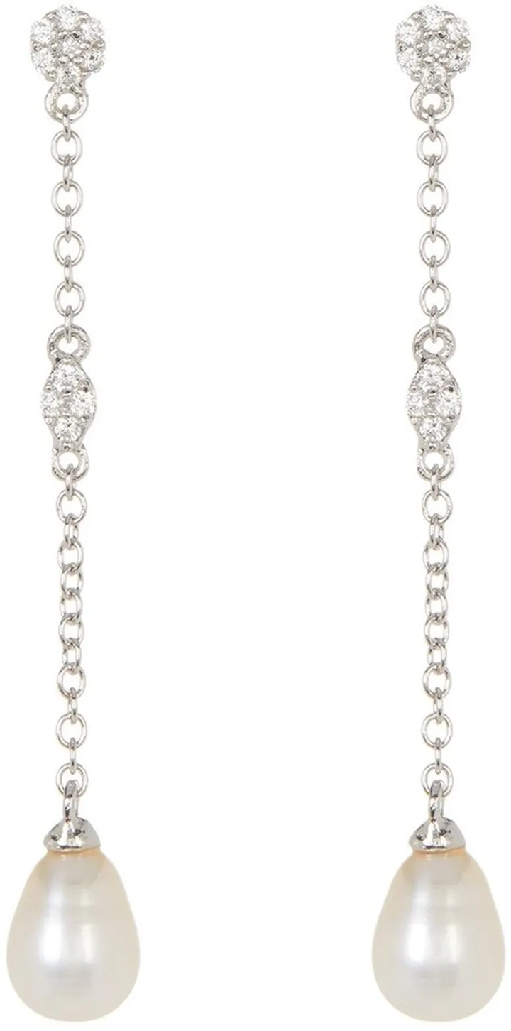 White Rhodium Plated Swarovski Crystal Accented & 7mm Freshwater Pearl Drop Earrings
