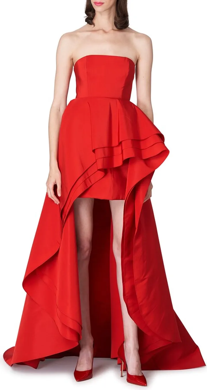 Strapless Tiered Ruffle High-Low Silk Gown