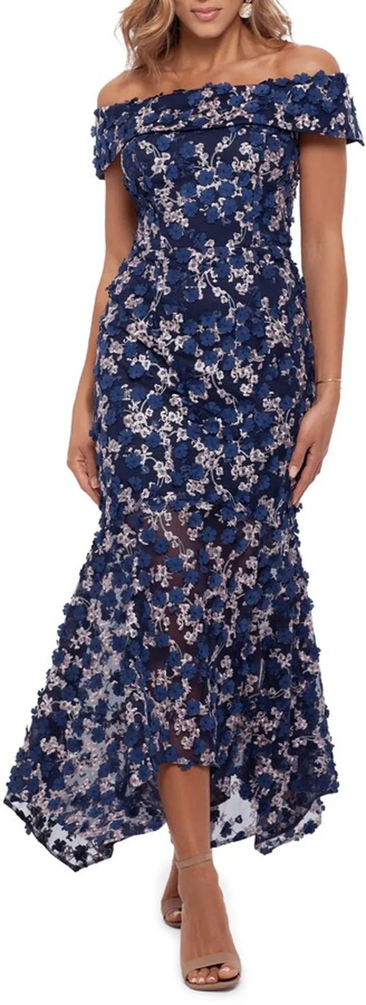 Raised Flower Off the Shoulder Flounce Midi Gown