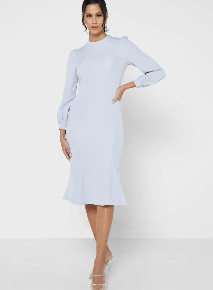 Puff Sleeve Waist Band Scuba Dress