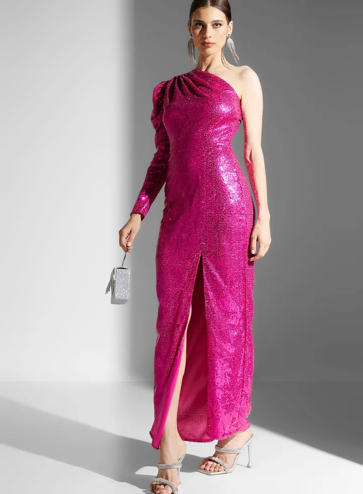 Dana One Shoulder Shimmer Dress With Slit