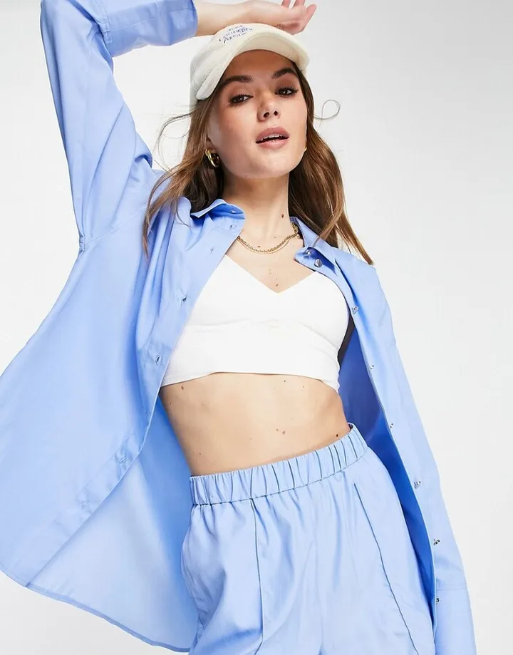 Topshop premium tech snaps shirt in pale blue