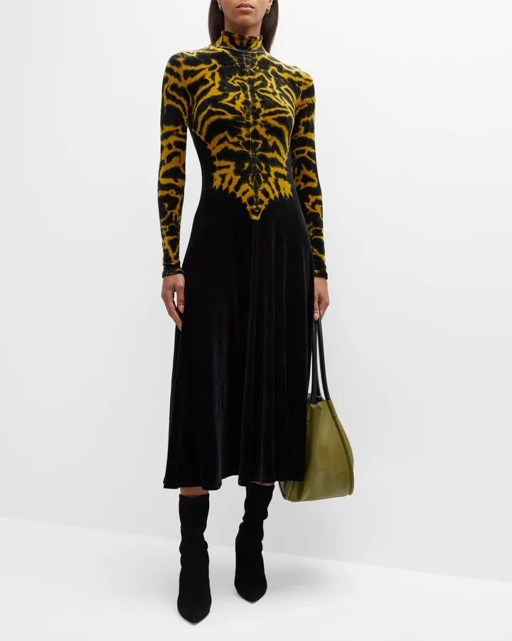 Mock-Neck Tie-Dyed Velvet Midi Dress