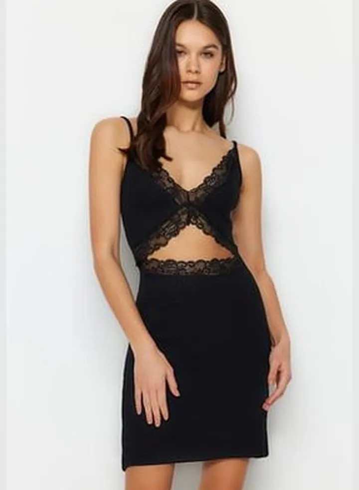 Black Lace Detailed Cotton Camisole Knitted Nightgown.