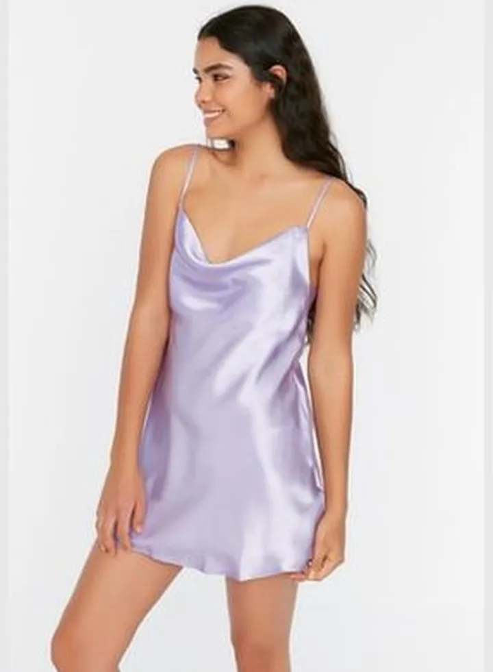 Lilac Degajee Collar Back Detailed Satin Woven Nightgown.