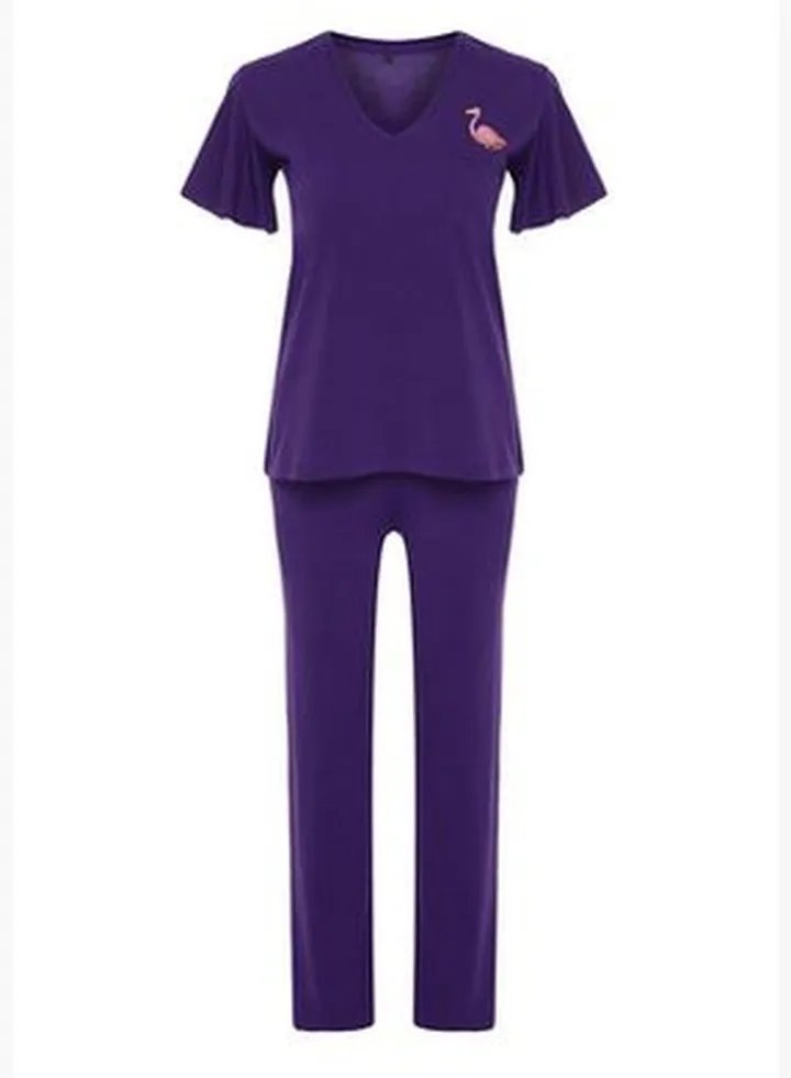 Purple Printed T-shirt-Pants Knitted Pajamas Set