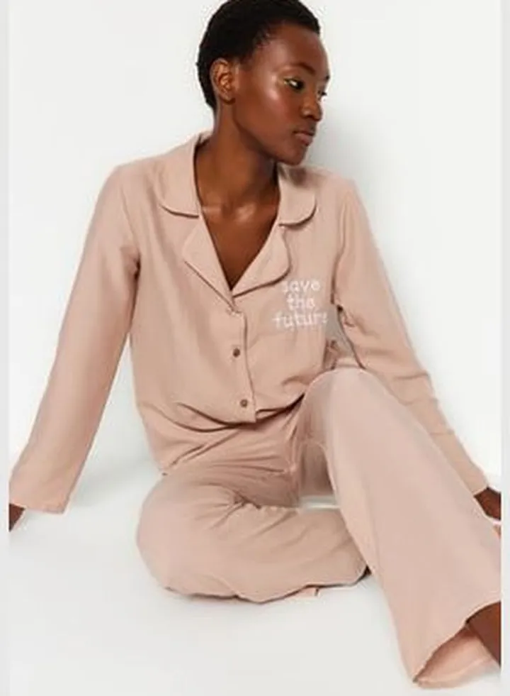 Beige Embroidered Shirt-Pants Weave Pajamas Set THMAW24PT00000.