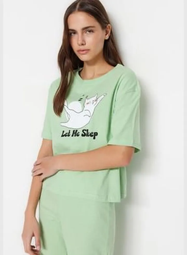 Light Green 100% Cotton Animal Printed T-shirt-Pants, Knitted Pajamas Set.