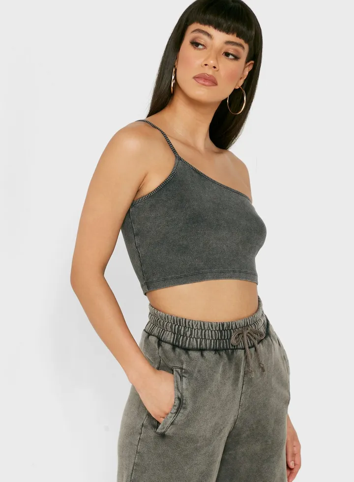 One Shoulder Ribbed Crop Top