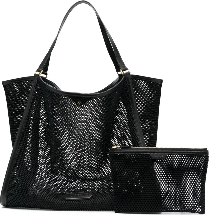 Leather-Trimmed Mesh Shoulder Bag