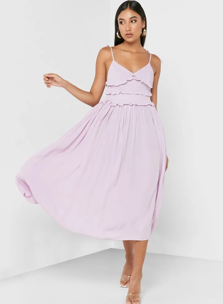 Strappy Ruffle Detail Pleated Dress
