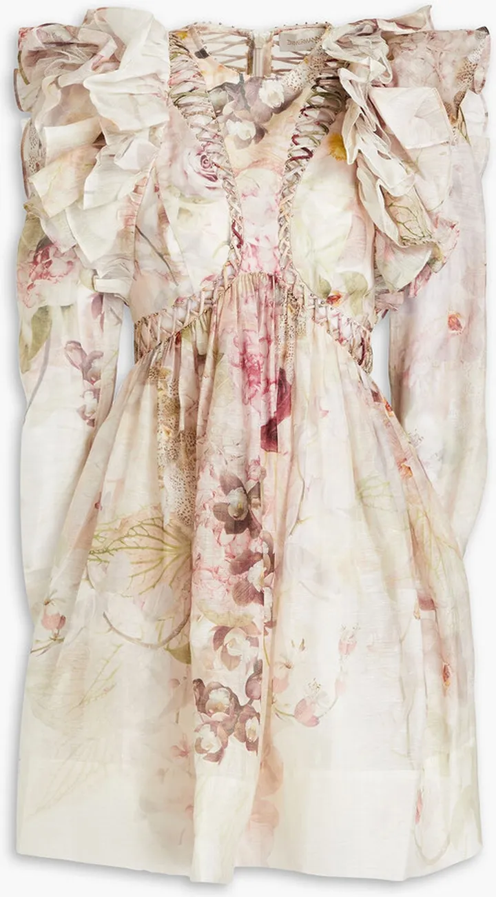 Embellished ruffled floral-print linen and silk-blend mini dress