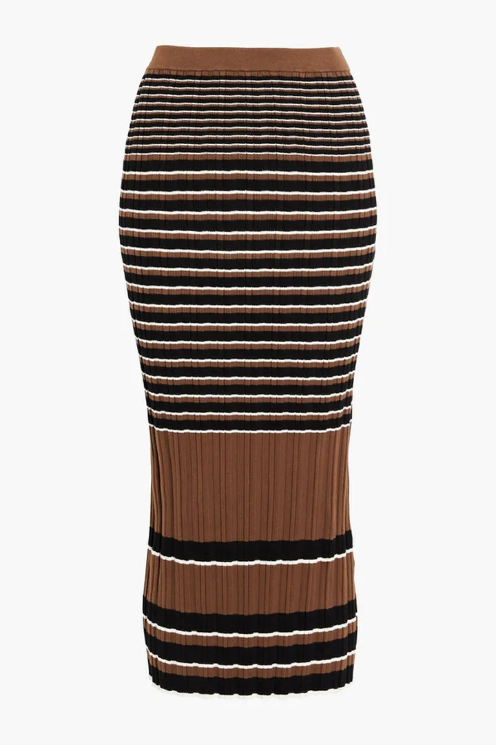 Striped ribbed cotton-blend midi skirt