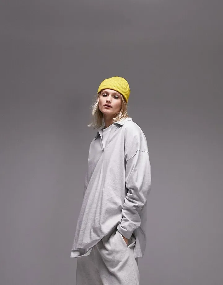 Topshop Premium basic oversized long sleeve polo top in gray heather