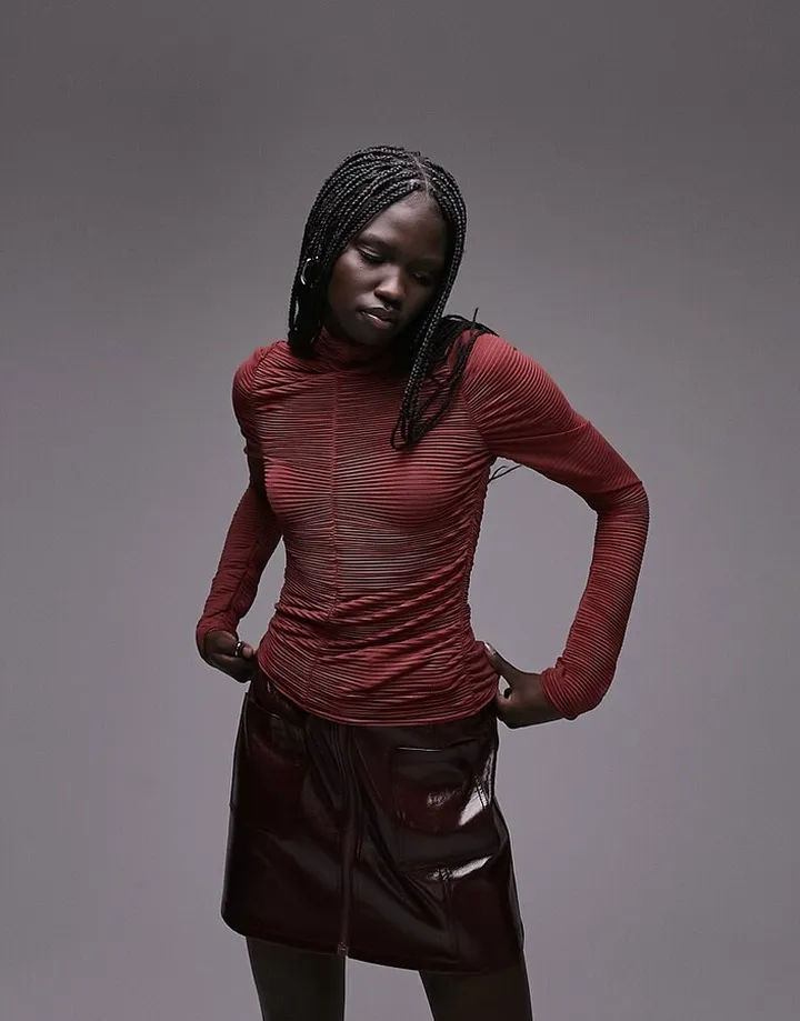 Topshop textured ruched long sleeve top in burgundy