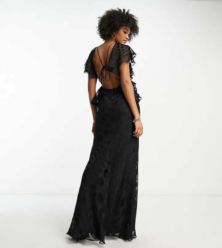 ASOS DESIGN Tall satin spot flutter sleeve maxi dress with open back in black