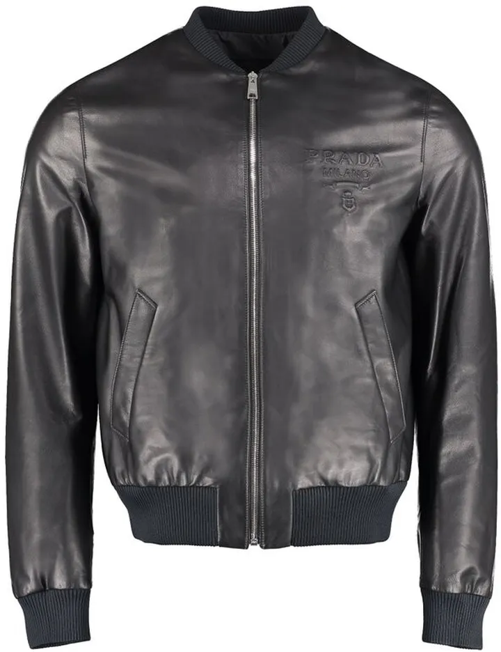 Prada Ribbed Hem Leather Bomber Jacket
