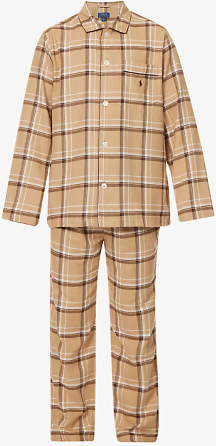 Mens Khaki Brand-embroidered Flannel Cotton-blend Pyjamas