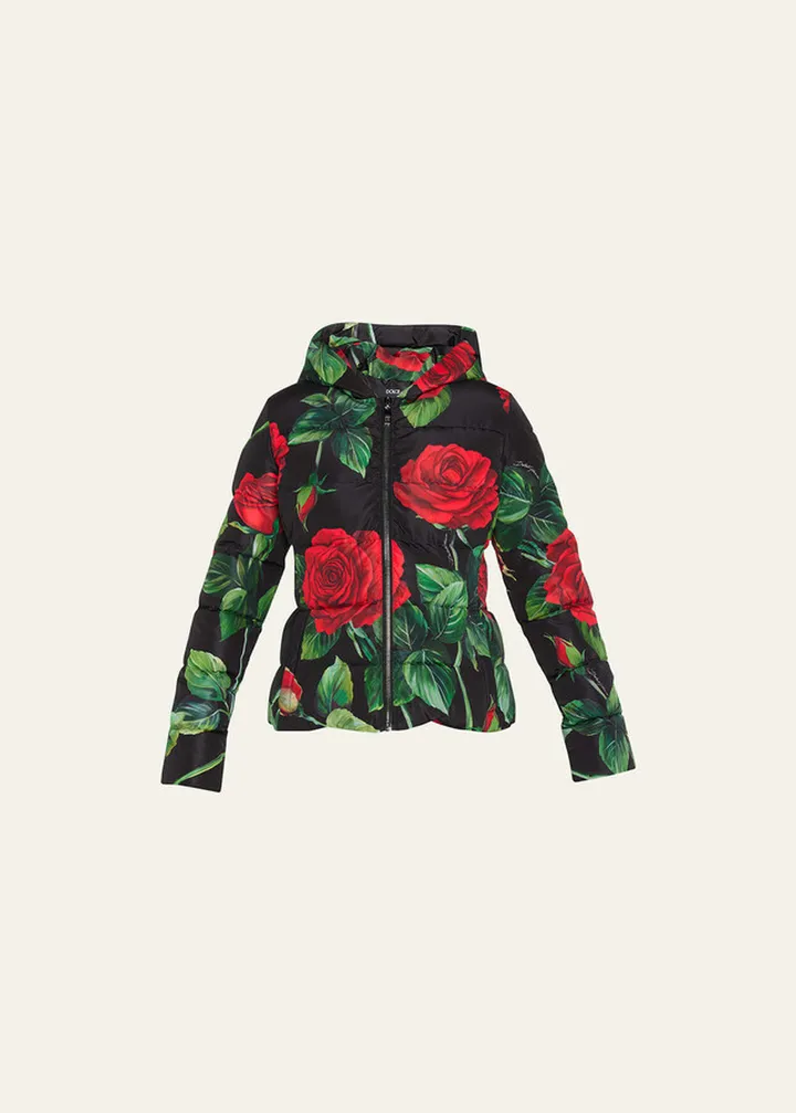 Rose-Print Hooded Puffer Jacket