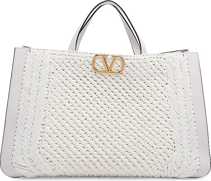 VLogo Signature Woven Raffia & Leather Tote