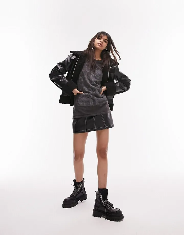 Topshop borg seam cropped faux shearling biker jacket in black