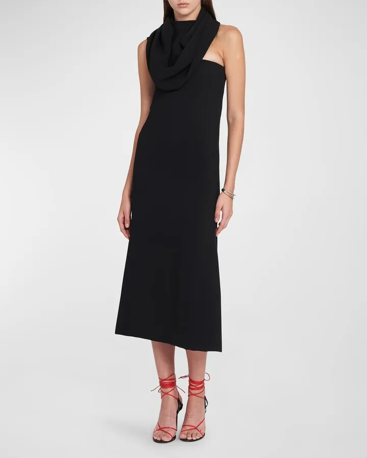 Cowl-Neck Hood Asymmetric Midi Dress