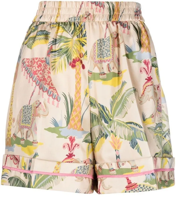 Botanic-Print Silk Shorts