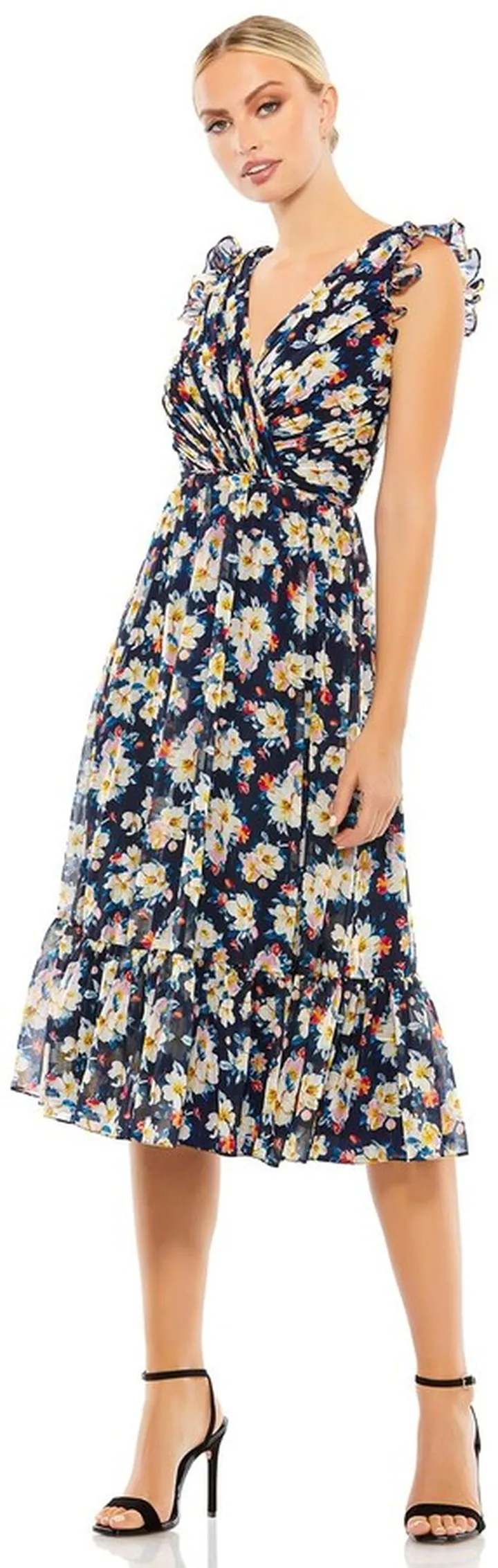 Flowy Floral Print V Neck Cap Sleeve Midi Dress