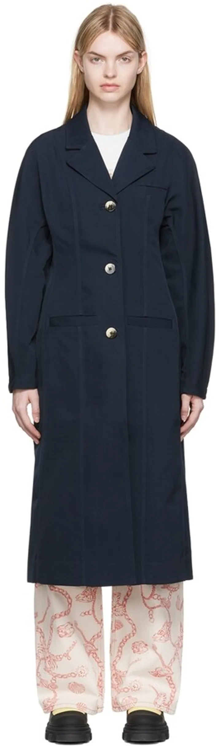 GANNI Navy Single-Breasted Coat