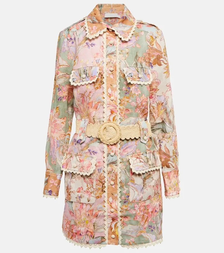 Cira belted floral linen minidress