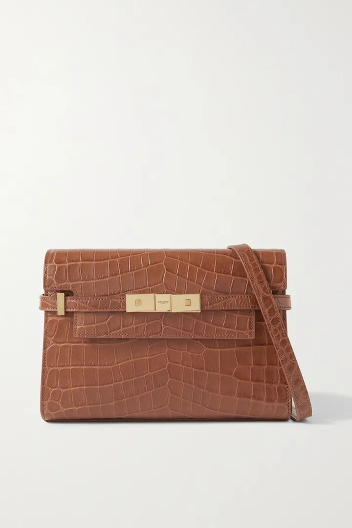 SAINT LAURENT - Manhattan Embellished Croc-effect Leather Shoulder Bag - Brown