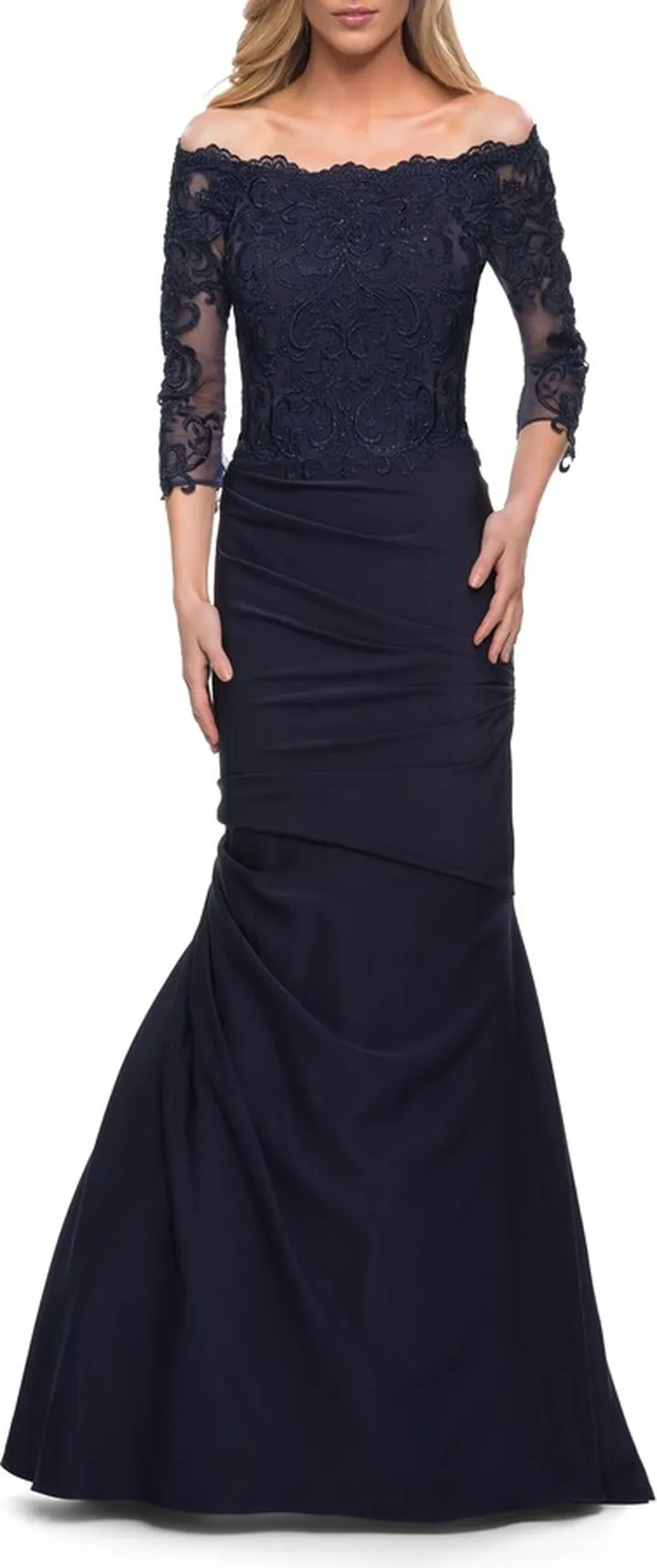 Off the Shoulder Lace Bodice Satin Mermaid Gown