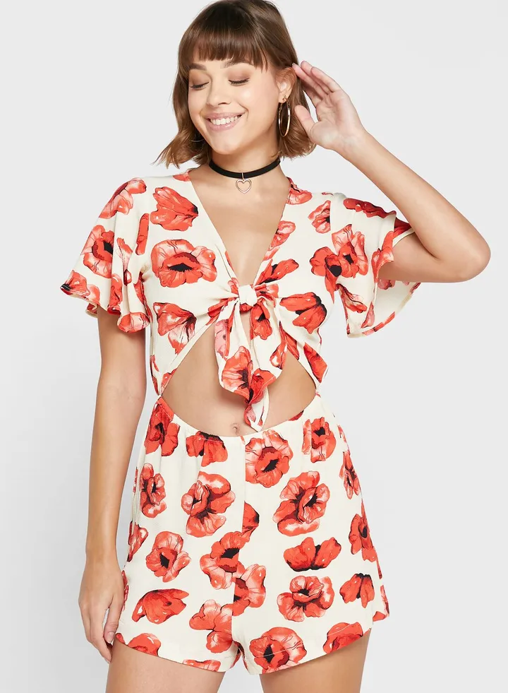 Cut Out Tie Detail Floral Playsuit