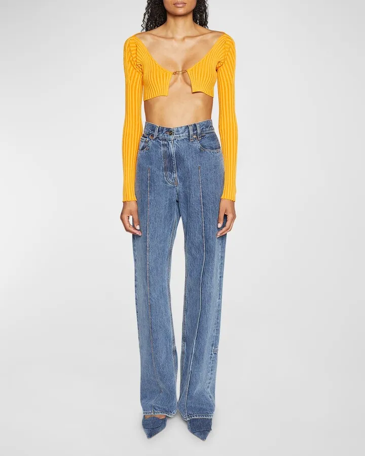 Nimes Bordado Pintuck Wide-Leg Jeans