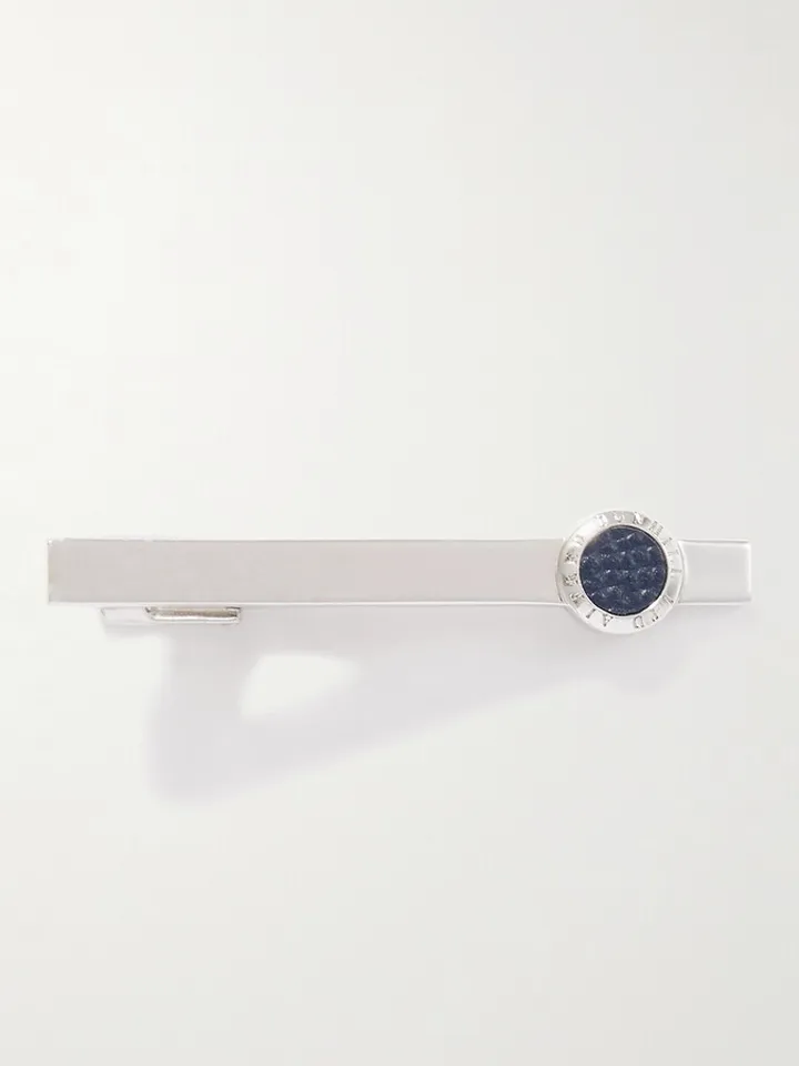 Rhodium-Plated Silver and Leather Tie Clip