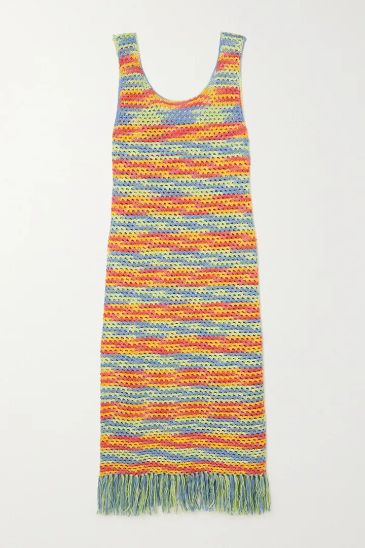 The Elder Statesman - Bridle Fringed Crocheted Cotton Midi Dress - Multi