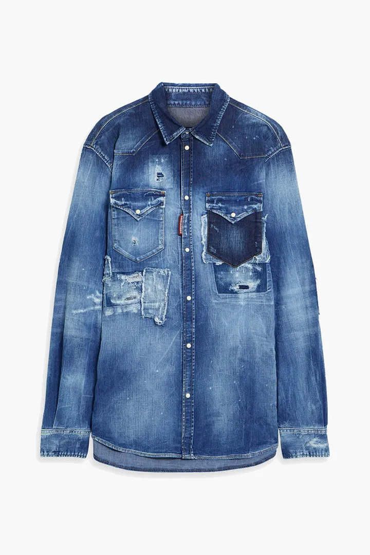 Distressed faded denim shirt