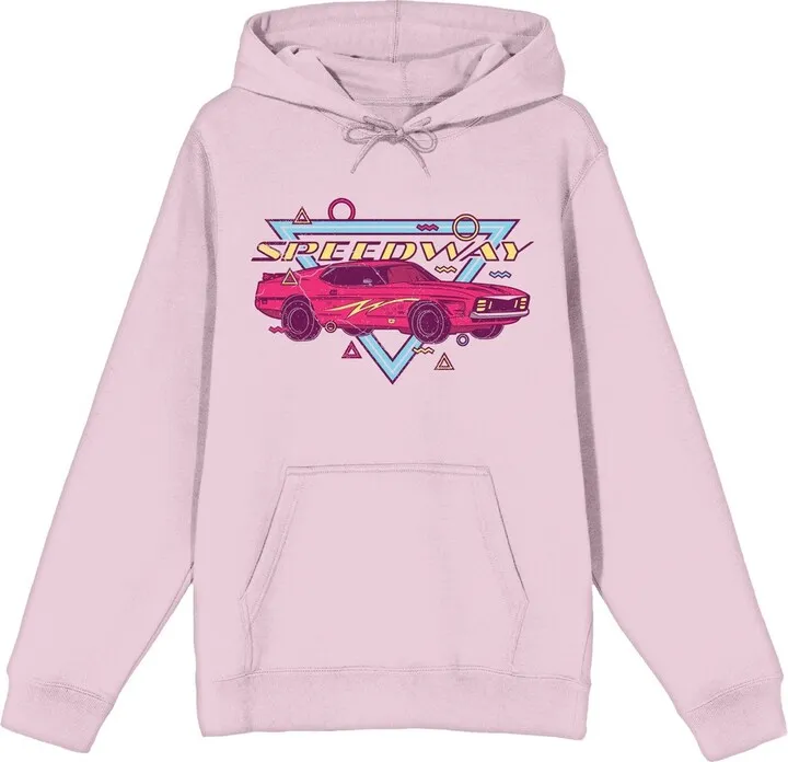 Retro Muscle Car Speedway Long Sleeve Cradle Pink Adult Hooded Sweatshirt-Small