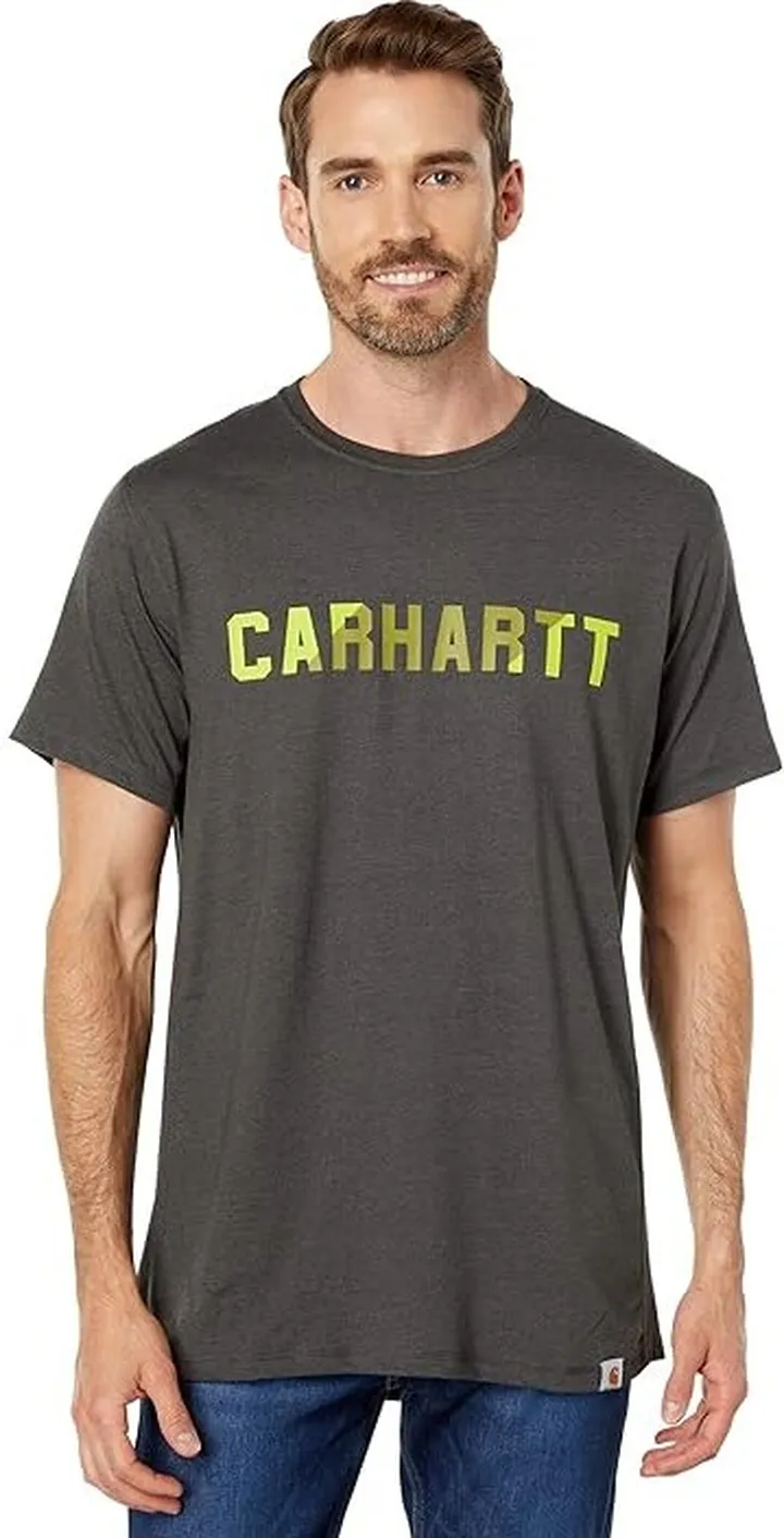 Carhartt Force Relaxed Fit Midweight Short Sleeve Block Logo Graphic T-Shirt (Carbon Heather) Men's Clothing