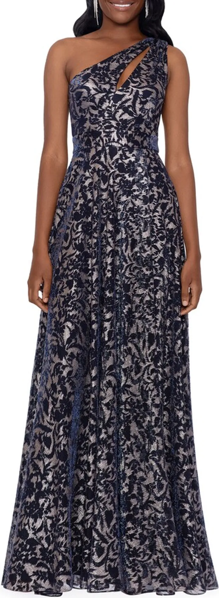 One-Shoulder Metallic Floral Print Cutout Gown