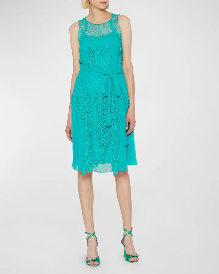 Lace Pleated Chiffon Belted Dress