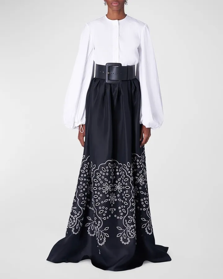 Drawstring Balloon-Sleeve Poplin Button Down Blouse