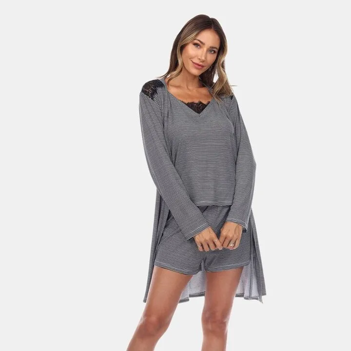 White Mark 3 Piece Striped Pajama & Robe Set - Black