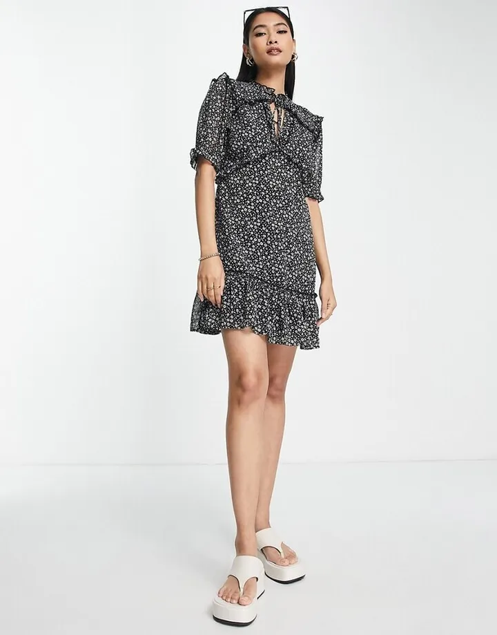 Topshop frill detail mini dress in navy floral print