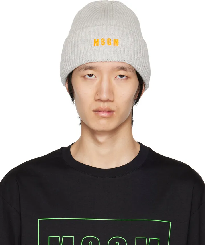 MSGM Gray Embroidered Logo Beanie